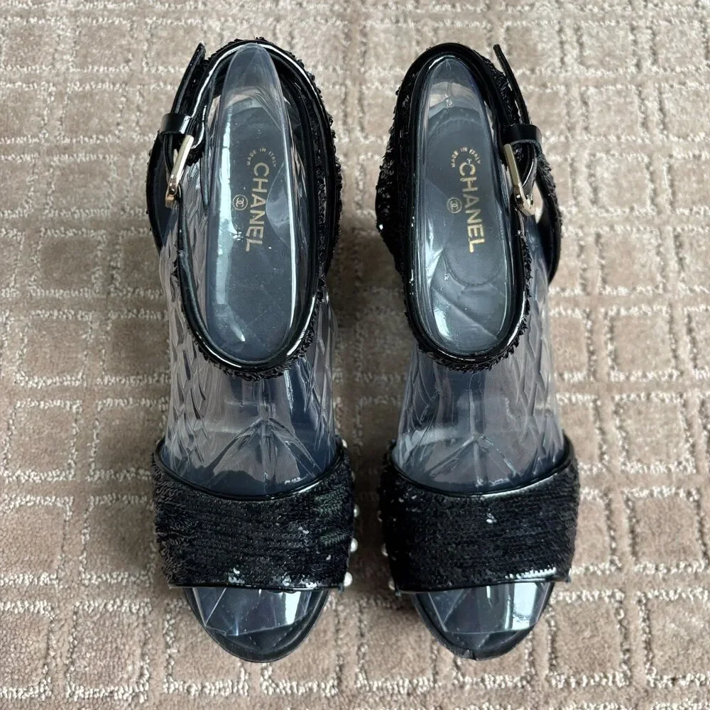 CHANEL 2016 Black Sequin Pearl Studded Wedge Sandals 38.5 Hinged Wood Platform